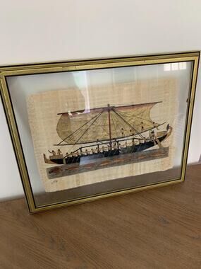 Vintage Egyptian Papyrus Painting Queen Nefertari Framed Art Signed